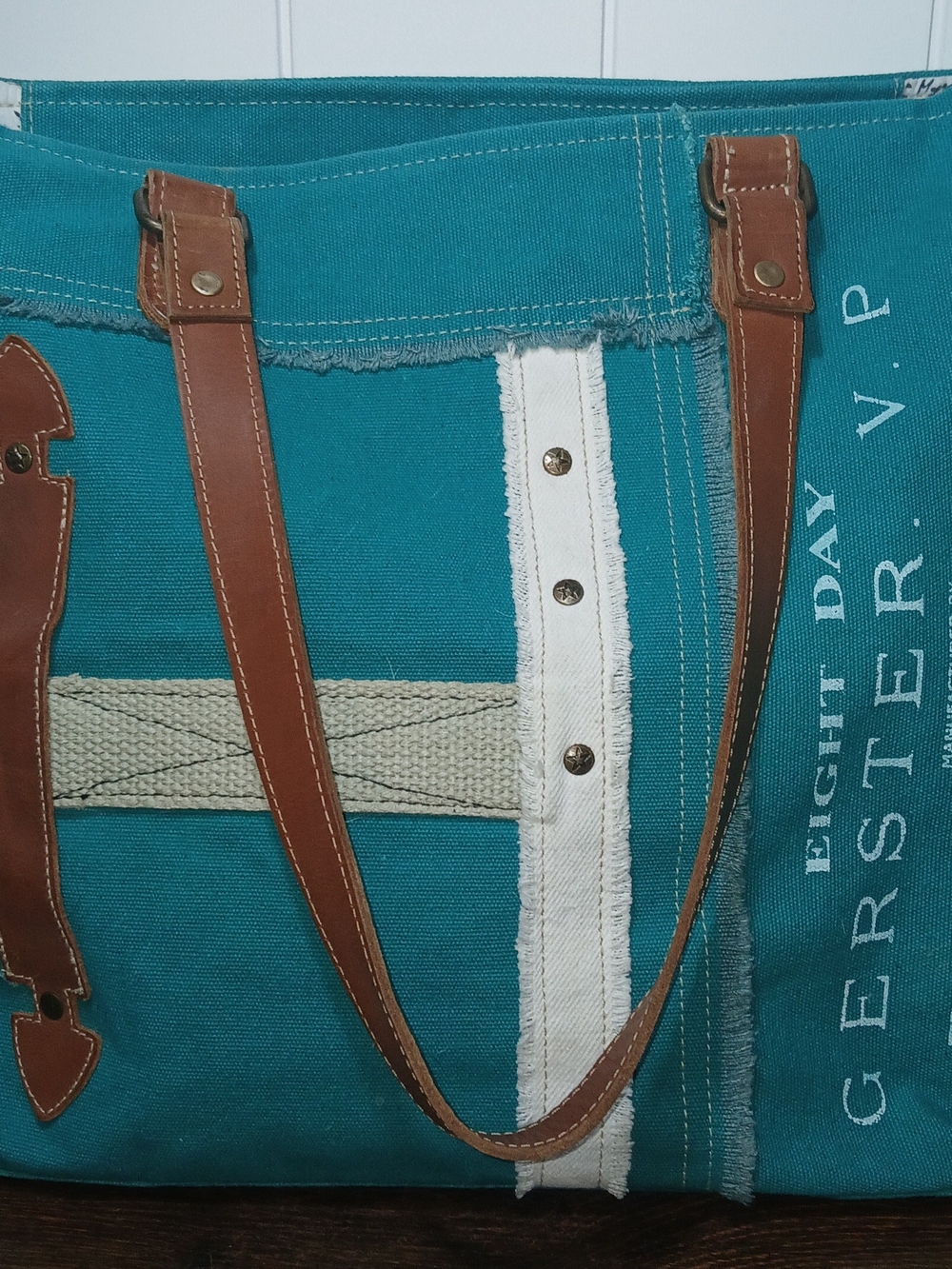 Teal Canvas Tote with Brown Leather Straps
